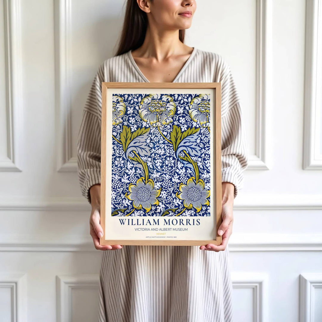 Refreshing dining room art print displaying the 1883 William Morris Kennet layout in cobalt blue, yellow, and green. MapYourDreams has ready-to-hang framed, unframed, and canvas options available for decor.