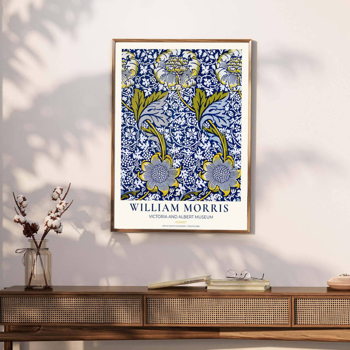 Archival exhibition poster of the blue William Morris Kennet design with Victoria &amp; Albert Museum text. Discover our tailored framed, unframed, and canvas options available at MapYourDreams.