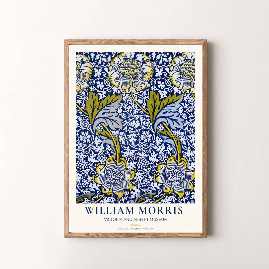 Vibrant botanical gallery wall piece featuring William Morris Kennet foliage in cobalt blue and bright yellow. Shop versatile framed, unframed, and canvas options available at MapYourDreams.