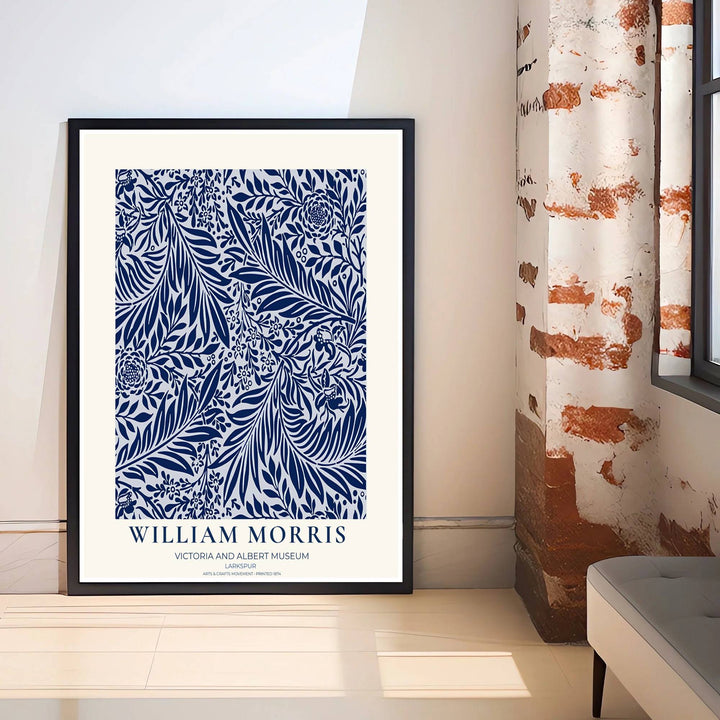Elegant William Morris heritage wallpaper print showing dark blue and white floral tendrils in a clean museum border. Explore durable framed, unframed, and canvas options available from MapYourDreams.