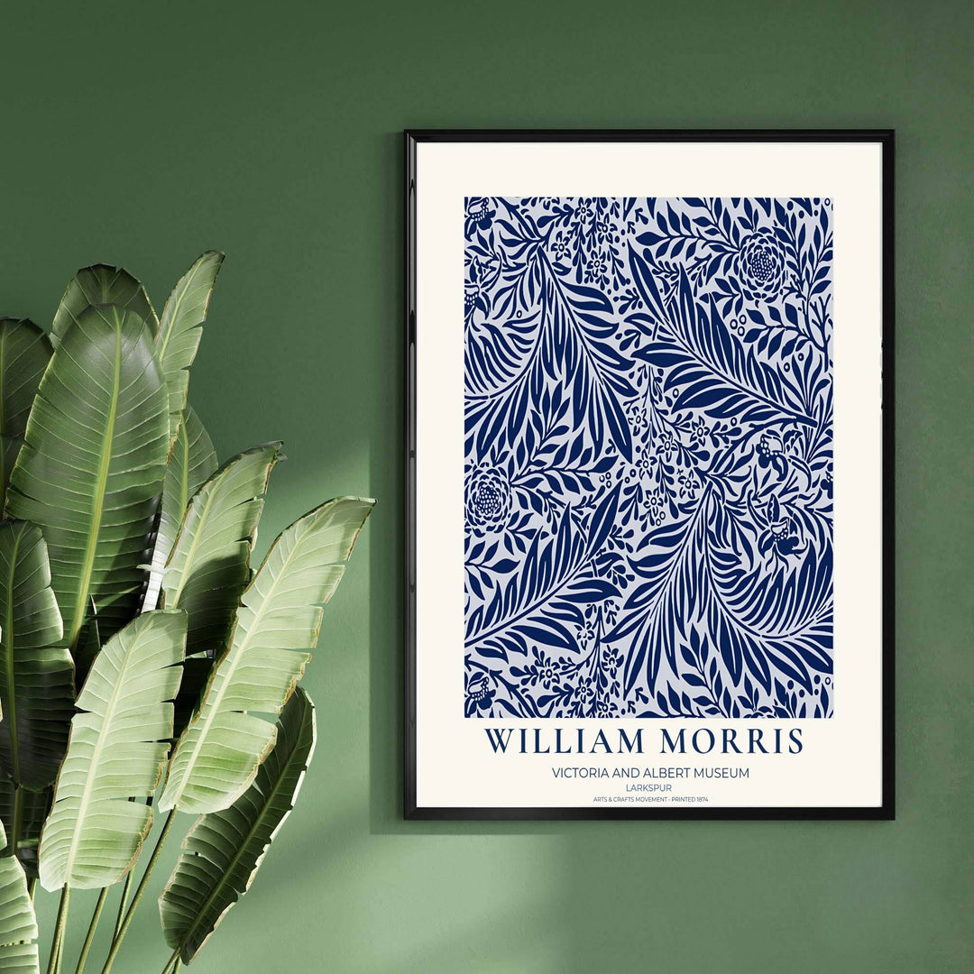 Classic English decorative poster showcasing the 1872 William Morris Larkspur design in deep navy blue. Browse fine framed, unframed, and canvas options available at MapYourDreams.