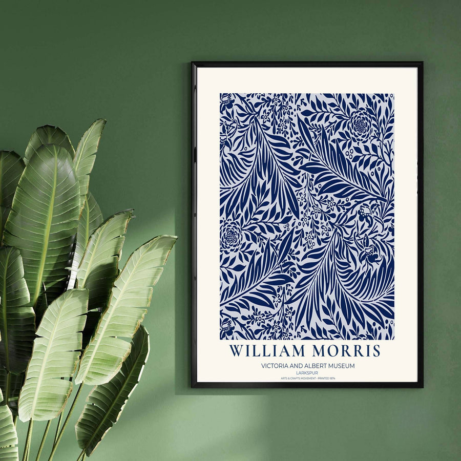 Classic English decorative poster showcasing the 1872 William Morris Larkspur design in deep navy blue. Browse fine framed, unframed, and canvas options available at MapYourDreams.
