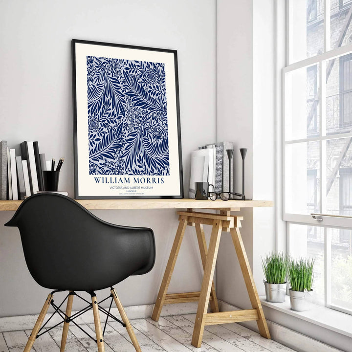 High-contrast botanical pattern artwork by William Morris featuring Larkspur floral motifs for gallery walls. Order archival framed, unframed, and canvas options available at MapYourDreams now.
