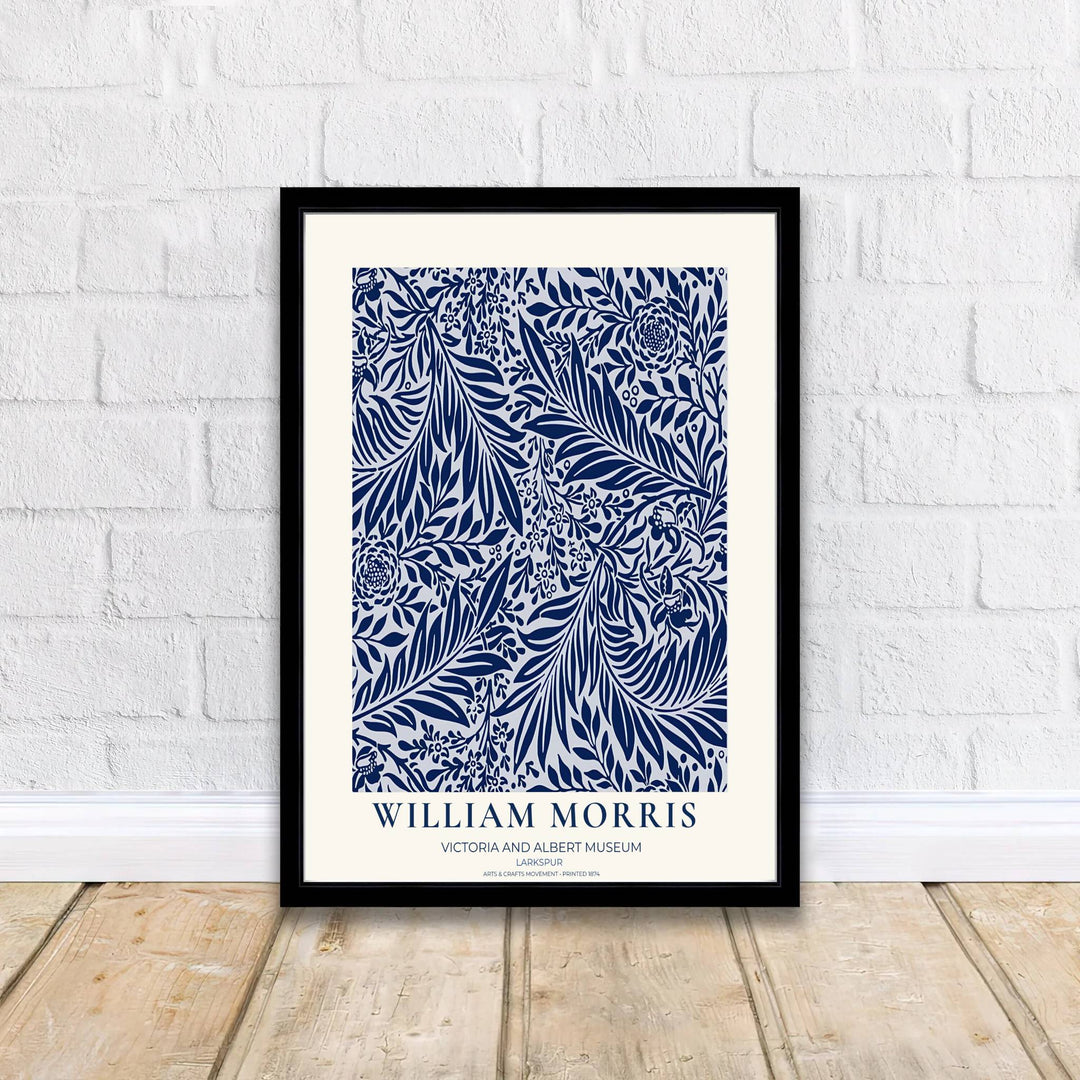 Winding navy blue stems and white larkspur blooms by William Morris rendered in a crisp botanical layout. Choose high quality framed, unframed, and canvas options available at MapYourDreams today.