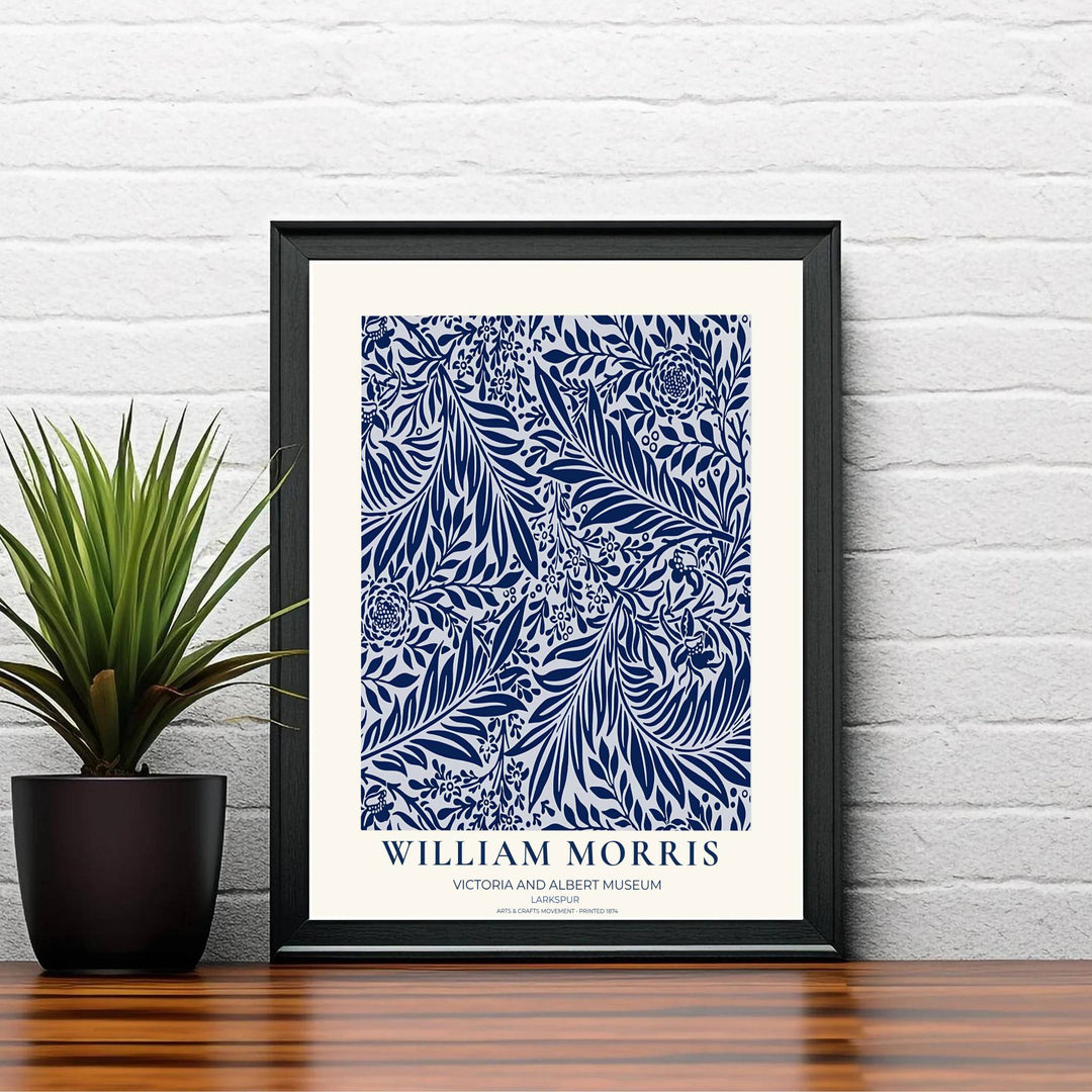 Museum-quality reproduction of the navy William Morris Larkspur wallpaper layout, printed on archival matte paper. Find framed, unframed, and canvas options available at MapYourDreams.