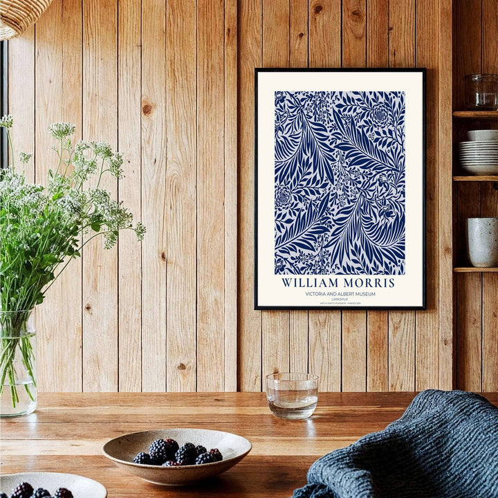 Charming vintage botanical poster illustrating 19th-century William Morris Larkspur foliage with museum text. MapYourDreams brings you beautiful framed, unframed, and canvas options available for wall styling.