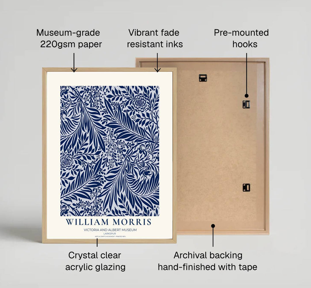Historic Arts and Crafts Movement wall art print displaying the William Morris Larkspur layout in dark blue tones. Discover premium framed, unframed, and canvas options available at MapYourDreams.