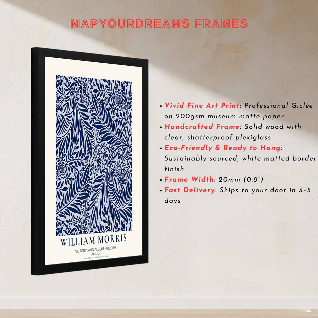 Intricate willow foliage and larkspur pattern art print by William Morris, ideal for creating a crisp focal point. MapYourDreams offers museum-grade framed, unframed, and canvas options available.
