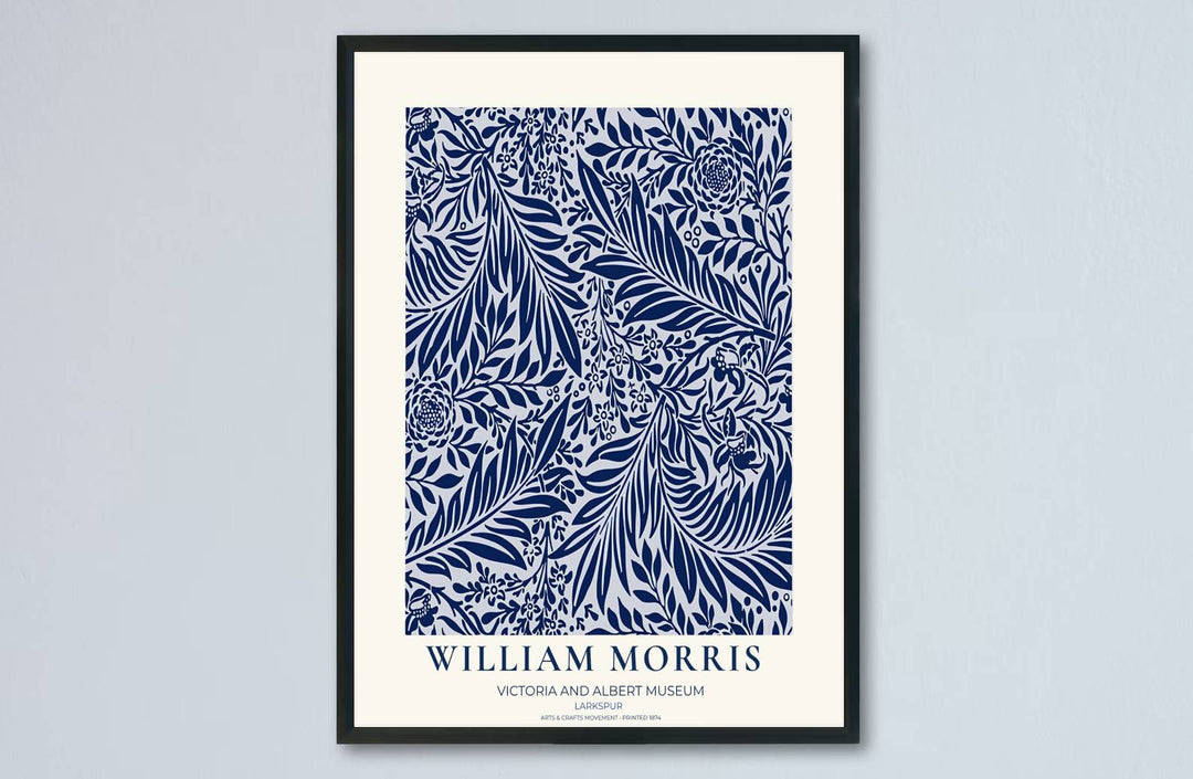 Vintage English heritage poster showing a dense navy tapestry of William Morris Larkspur vines on paper. Explore our selection of framed, unframed, and canvas options available at MapYourDreams.