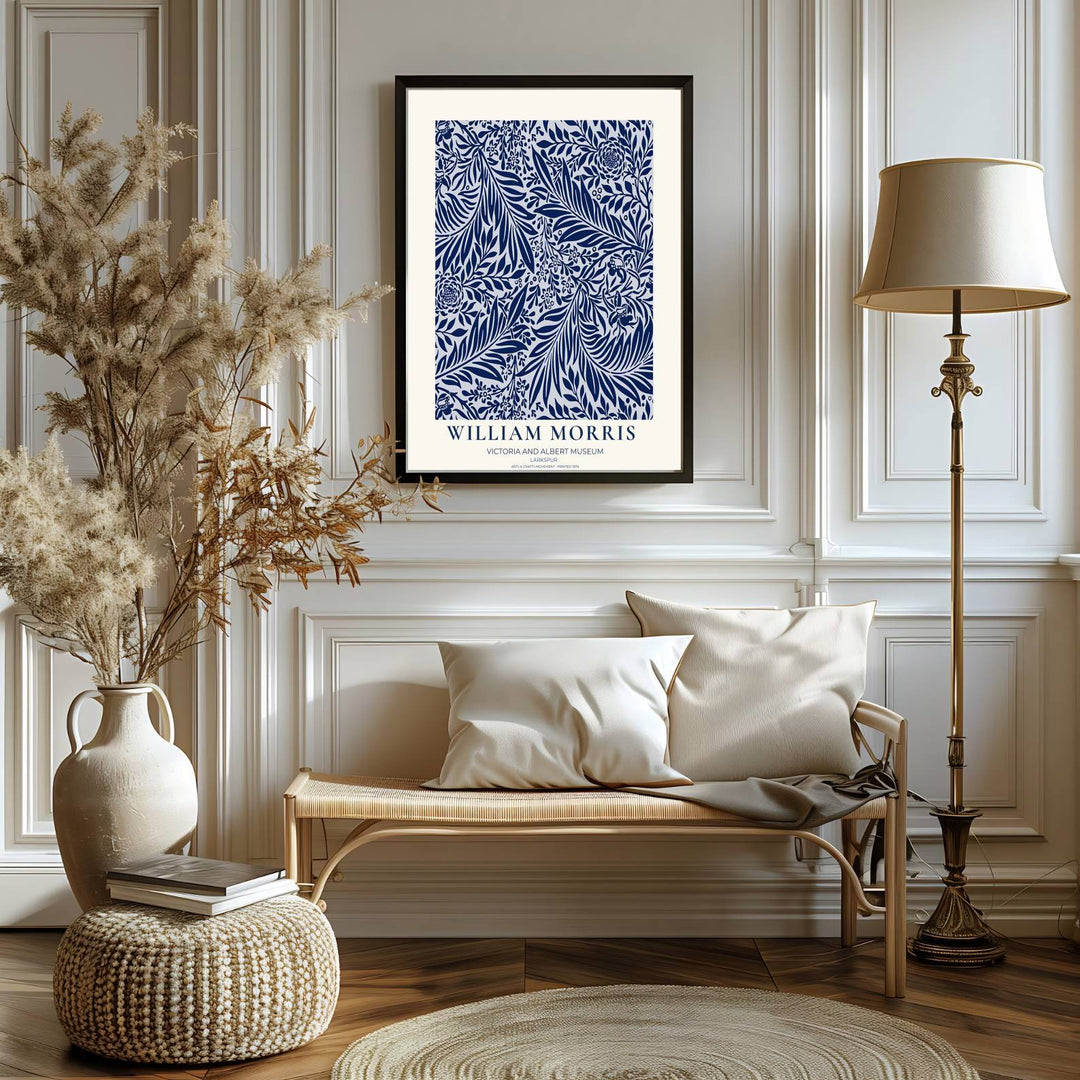 Fine art print of the William Morris Larkspur design, displaying historic botanical craftsmanship in navy and white. MapYourDreams features top quality framed, unframed, and canvas options available.