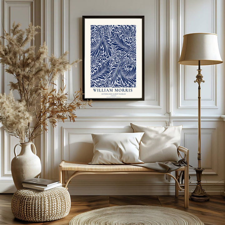 Fine art print of the William Morris Larkspur design, displaying historic botanical craftsmanship in navy and white. MapYourDreams features top quality framed, unframed, and canvas options available.