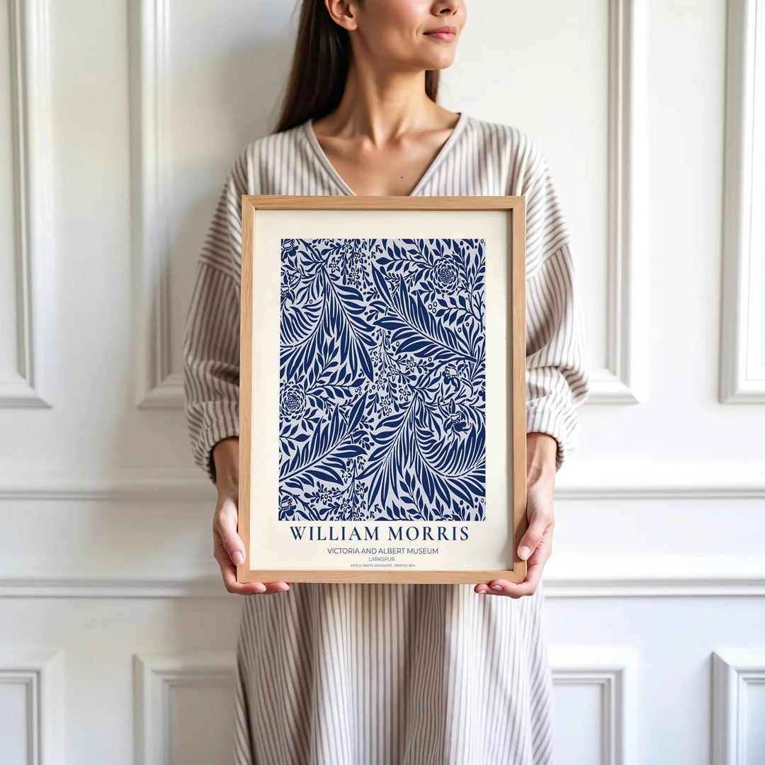 Refreshing bedroom art print displaying the 1872 William Morris Larkspur layout in navy blue and soft off-white. MapYourDreams has ready-to-hang framed, unframed, and canvas options available for decor.