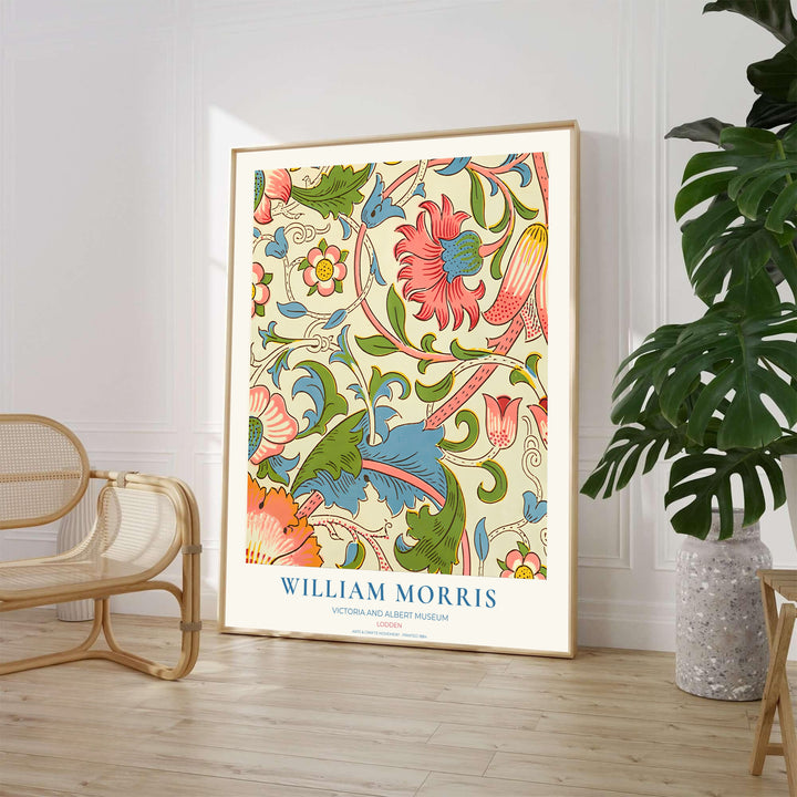 Cheerful cream and pink floral art poster by William Morris featuring Lodden foliage, ideal for bedroom wall spaces. Select from elegant framed, unframed, and canvas options available at MapYourDreams.