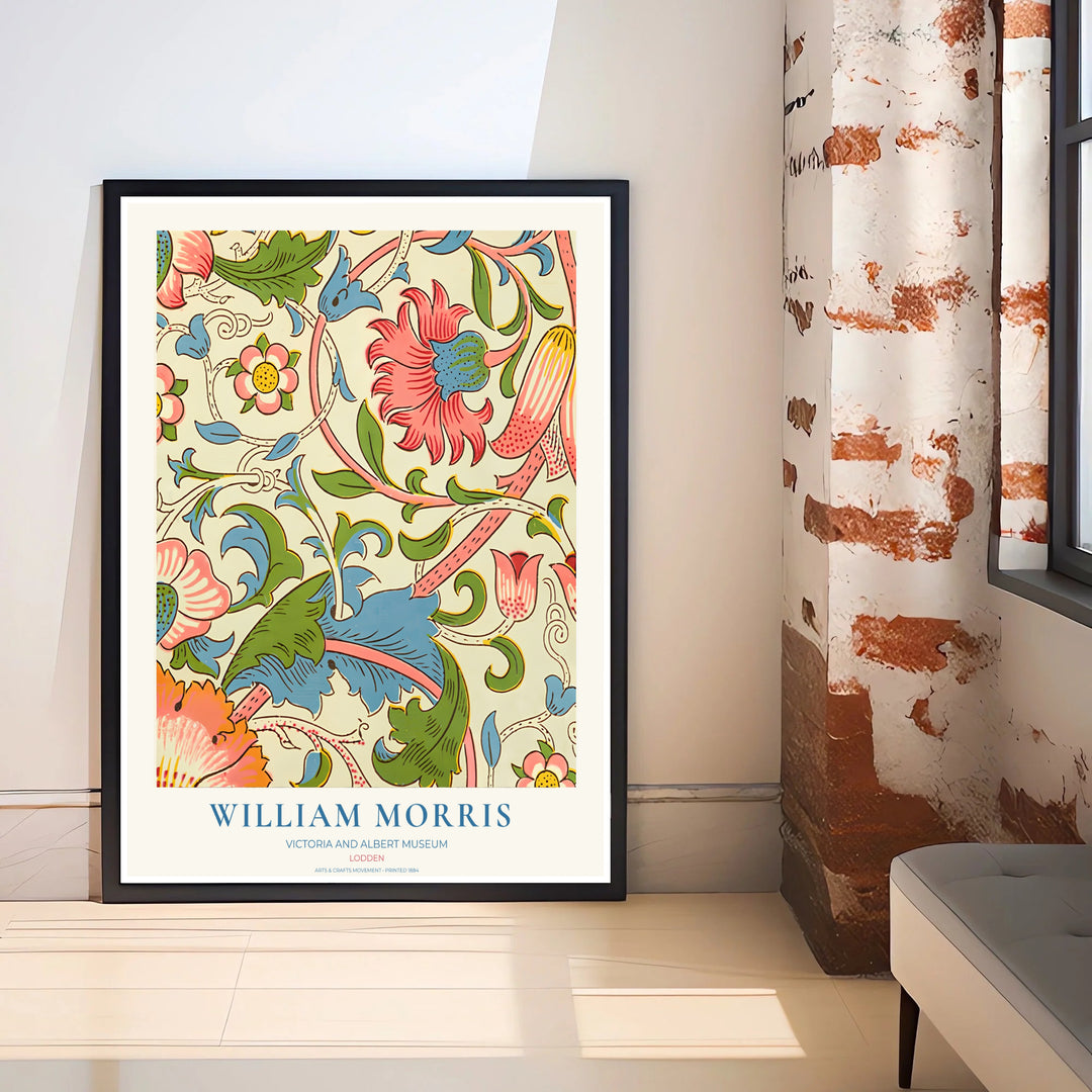 Elegant William Morris heritage textile print showing pink and blue floral tendrils in a clean museum border. Explore durable framed, unframed, and canvas options available from MapYourDreams.