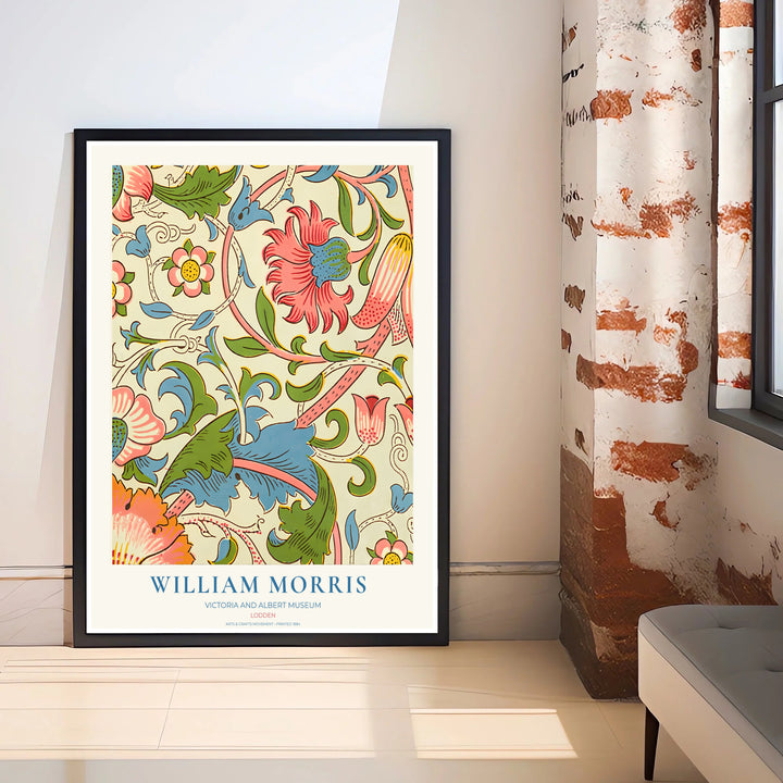 Elegant William Morris heritage textile print showing pink and blue floral tendrils in a clean museum border. Explore durable framed, unframed, and canvas options available from MapYourDreams.