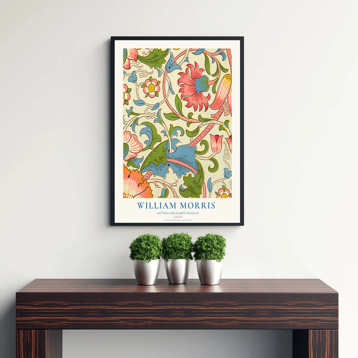 Multi-colored coral, blue, and green foliage in a restored vintage William Morris Lodden exhibition print. MapYourDreams offers custom framed, unframed, and canvas options available for any room decor.