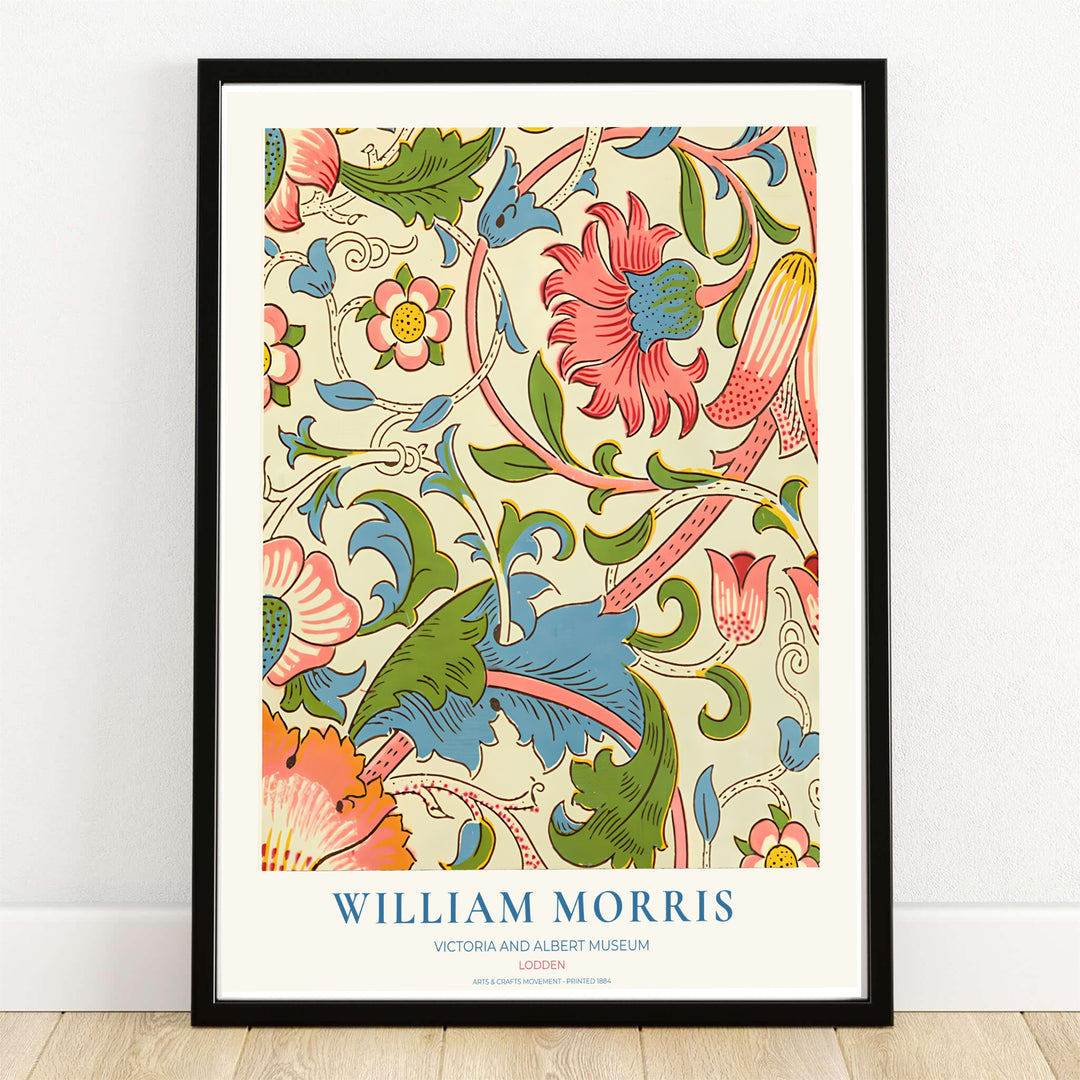 Vibrant pink carnation flowers and sky blue acanthus leaves over cream in a William Morris Lodden print. MapYourDreams provides framed, unframed, and canvas options available for home interior decoration.