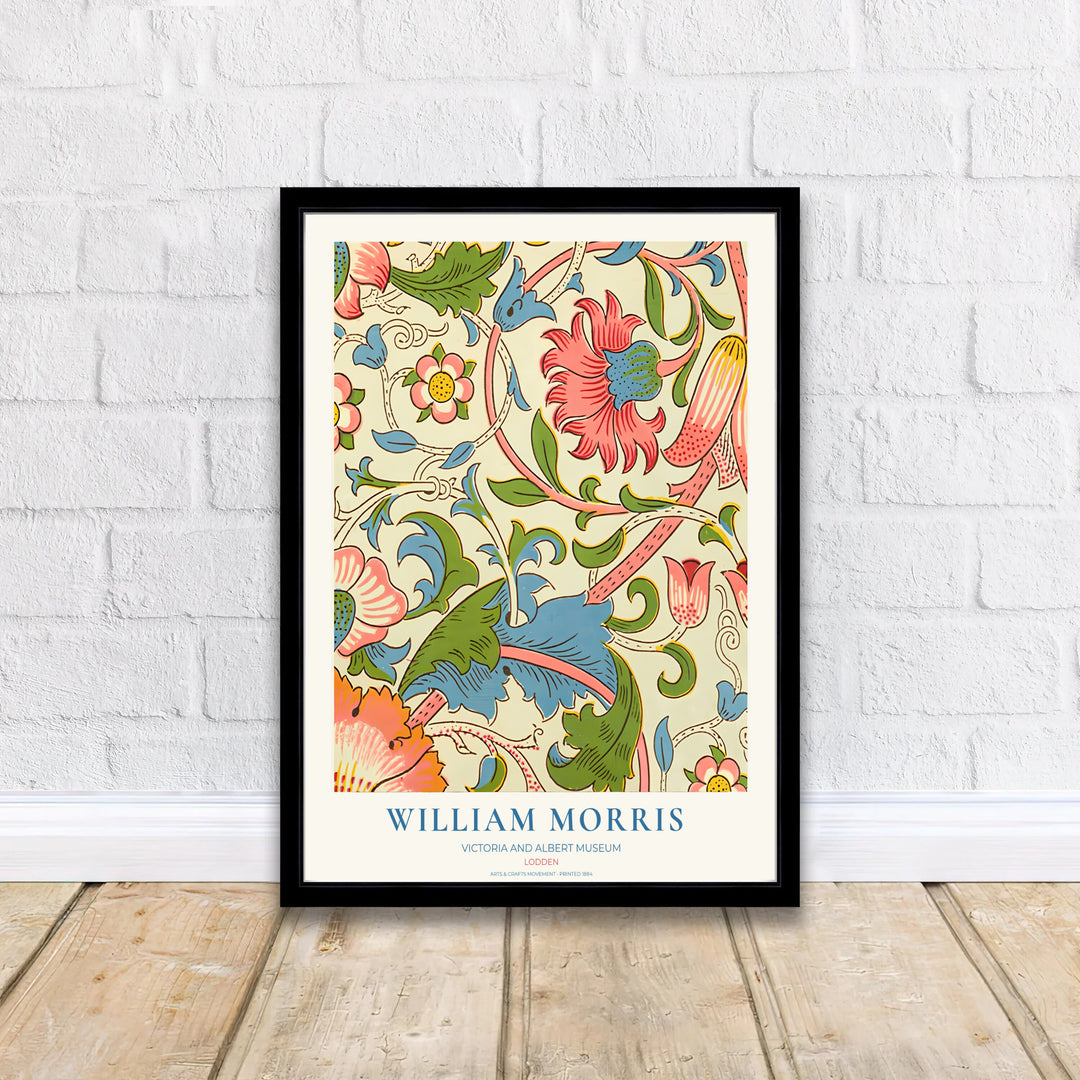 Classic English decorative poster showcasing the 1884 William Morris Lodden design in bright cream and pink. Browse fine framed, unframed, and canvas options available at MapYourDreams.