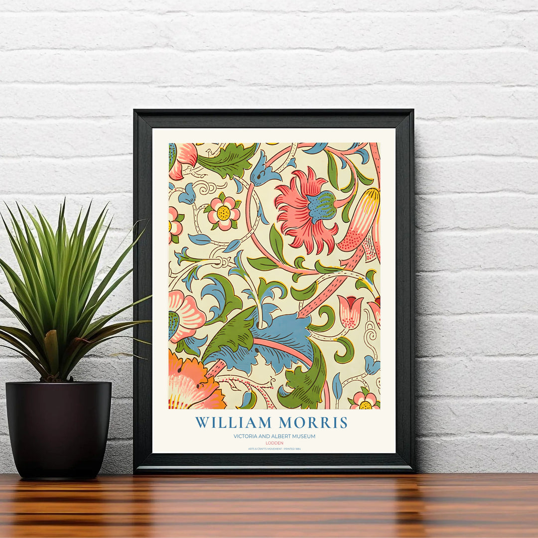 Winding pink stems and sky blue leaves by William Morris rendered over a soft cream background layout. Choose high quality framed, unframed, and canvas options available at MapYourDreams today.