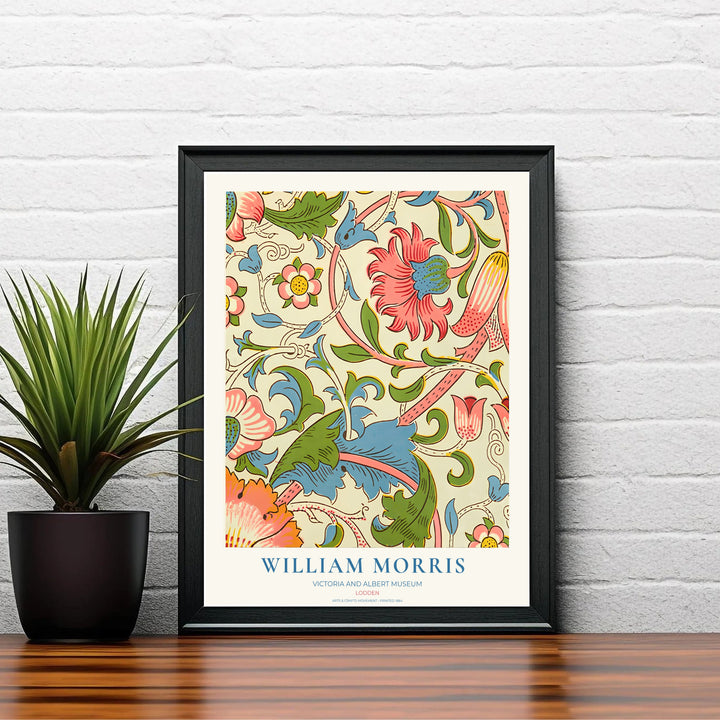 Winding pink stems and sky blue leaves by William Morris rendered over a soft cream background layout. Choose high quality framed, unframed, and canvas options available at MapYourDreams today.