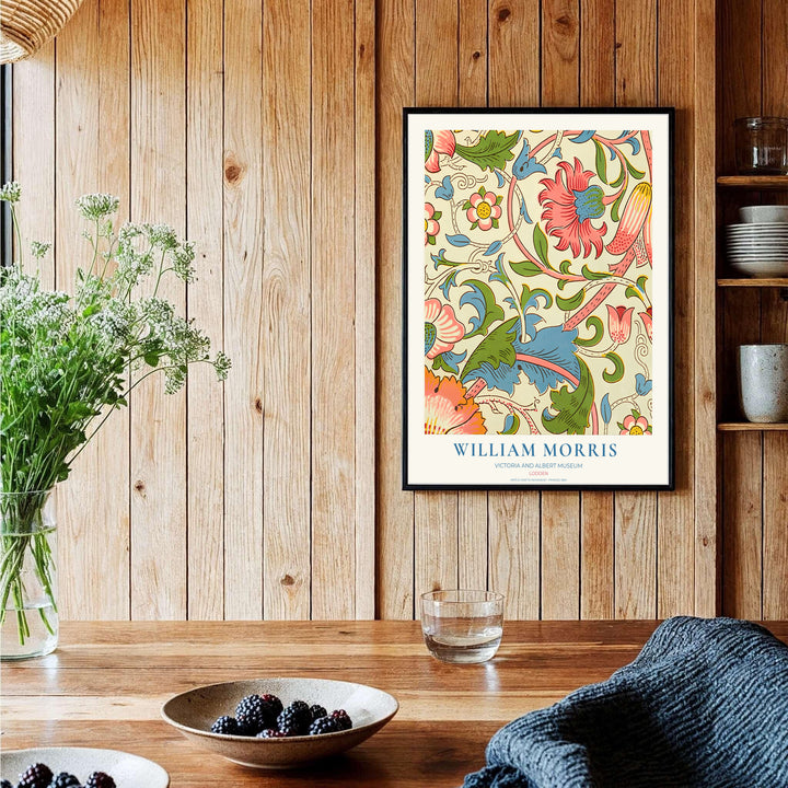Museum-quality reproduction of the colorful William Morris Lodden cotton pattern, printed on archival matte paper. Find framed, unframed, and canvas options available at MapYourDreams.