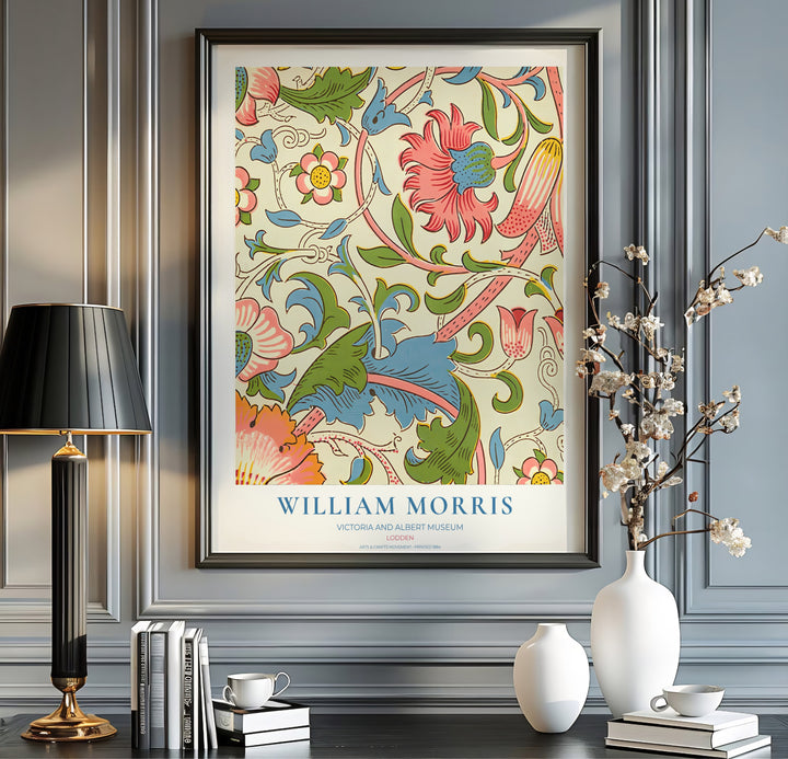 Charming vintage botanical poster illustrating 19th-century William Morris Lodden foliage with museum text. MapYourDreams brings you beautiful framed, unframed, and canvas options available for wall styling.