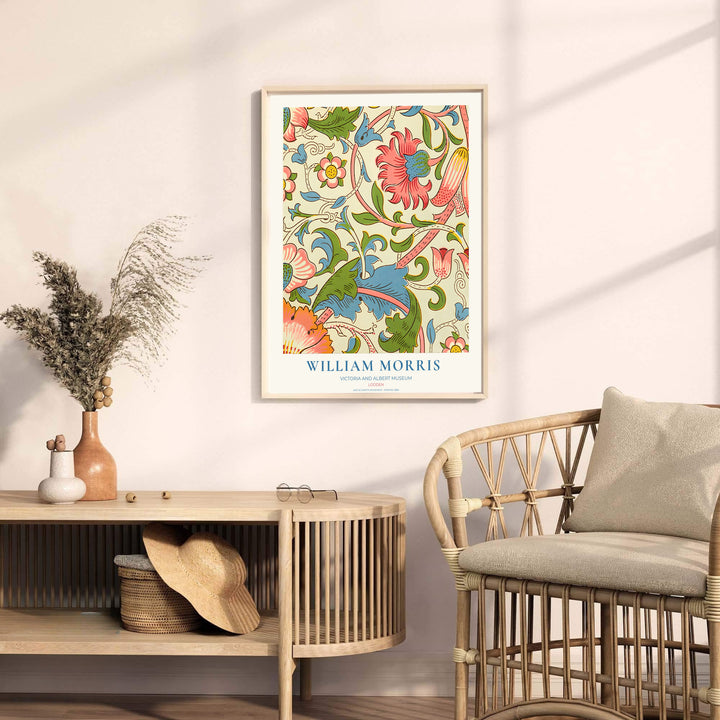 Detailed botanical illustration of coral flowers and blue acanthus leaves on sweeping vines by William Morris. MapYourDreams provides archival framed, unframed, and canvas options available to buy.