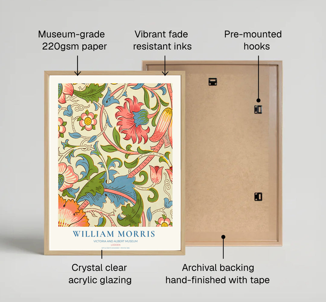 Intricate 1884 William Morris Lodden printed cotton design in cream, pink, and blue with V&amp;A museum text. Shop high quality framed, unframed, and canvas options available today at MapYourDreams.
