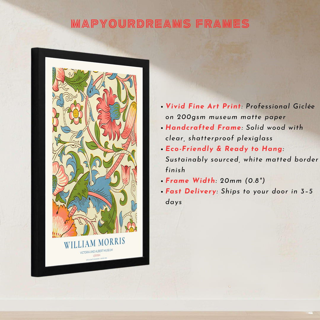 Intricate acanthus foliage and carnation pattern art print by William Morris, ideal for creating a cheerful focal point. MapYourDreams offers museum-grade framed, unframed, and canvas options available.