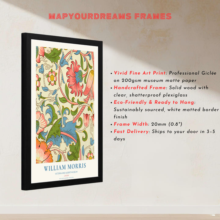 Intricate acanthus foliage and carnation pattern art print by William Morris, ideal for creating a cheerful focal point. MapYourDreams offers museum-grade framed, unframed, and canvas options available.