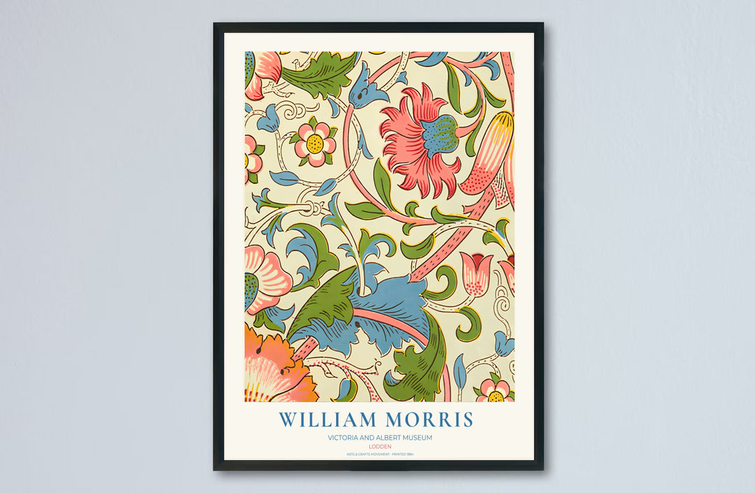 Vintage English heritage poster showing a dense cream tapestry of William Morris Lodden vines on paper. Explore our selection of framed, unframed, and canvas options available at MapYourDreams.