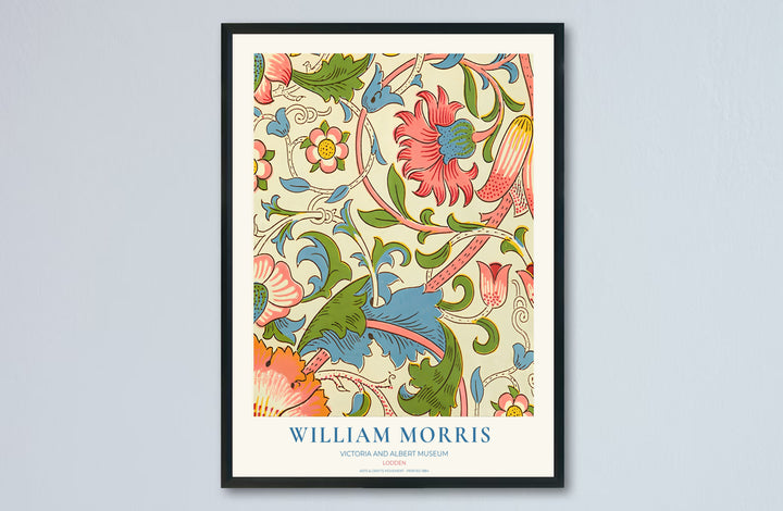 Vintage English heritage poster showing a dense cream tapestry of William Morris Lodden vines on paper. Explore our selection of framed, unframed, and canvas options available at MapYourDreams.