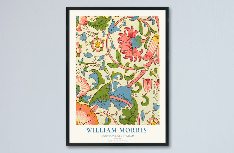 Vintage English heritage poster showing a dense cream tapestry of William Morris Lodden vines on paper. Explore our selection of framed, unframed, and canvas options available at MapYourDreams.