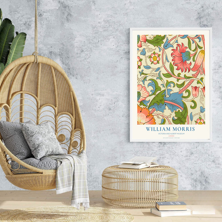 Vibrant botanical gallery wall piece featuring William Morris Lodden foliage in coral pink and sky blue. Shop versatile framed, unframed, and canvas options available at MapYourDreams.