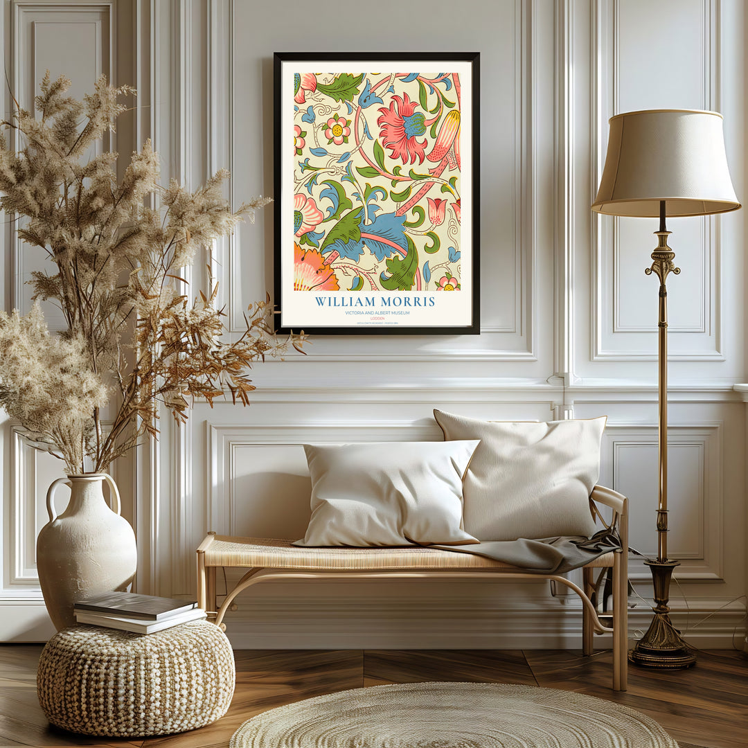 Romantic floral tapestry print illustrating William Morris Lodden foliage, designed for bright interior schemes. Select fine framed, unframed, and canvas options available at MapYourDreams.