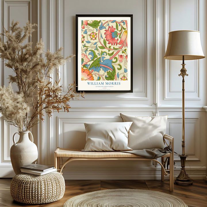 Romantic floral tapestry print illustrating William Morris Lodden foliage, designed for bright interior schemes. Select fine framed, unframed, and canvas options available at MapYourDreams.