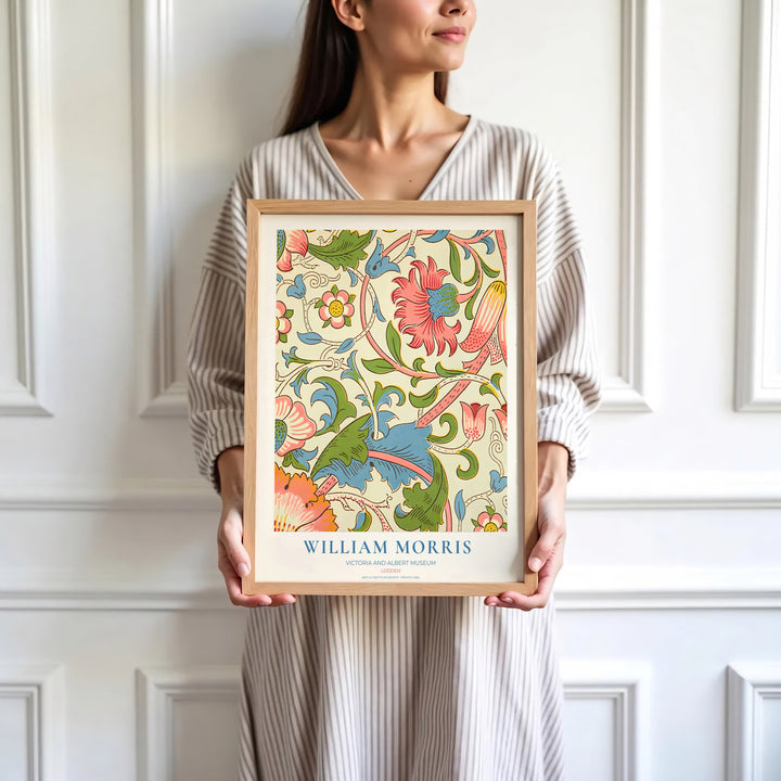 Fine art print of the William Morris Lodden design, displaying historic botanical craftsmanship in pink and blue. MapYourDreams features top quality framed, unframed, and canvas options available.