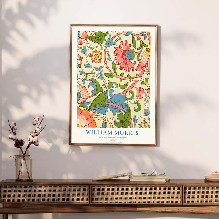 Refreshing bedroom art print displaying the 1884 William Morris Lodden layout in pink, blue, ochre, and green. MapYourDreams has ready-to-hang framed, unframed, and canvas options available for decor.