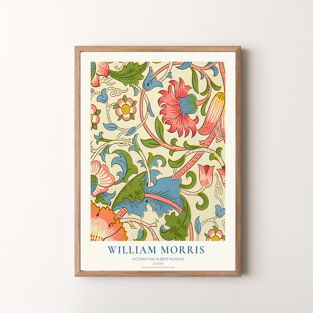 Archival exhibition poster of the cream William Morris Lodden design with Victoria &amp; Albert Museum text. Discover our tailored framed, unframed, and canvas options available at MapYourDreams.
