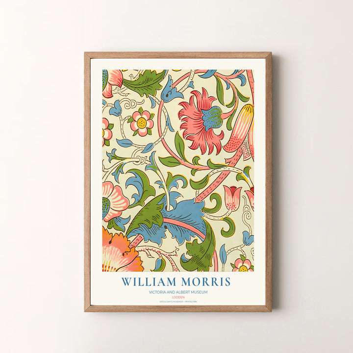 Archival exhibition poster of the cream William Morris Lodden design with Victoria &amp; Albert Museum text. Discover our tailored framed, unframed, and canvas options available at MapYourDreams.