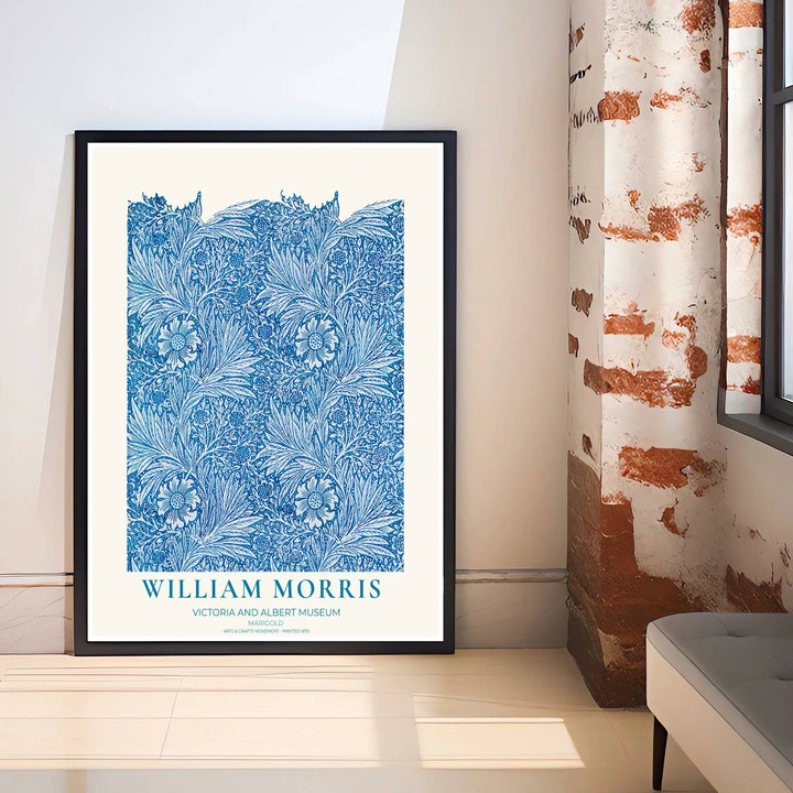 Vibrant blue cyan botanical art poster by William Morris featuring Marigold foliage, ideal for coastal living room spaces. Select from elegant framed, unframed, and canvas options available at MapYourDreams.