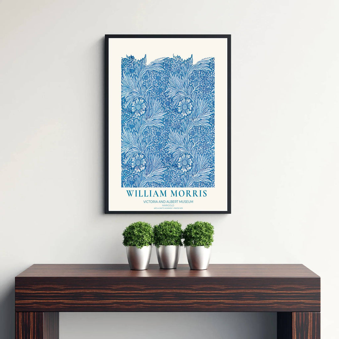 Elegant William Morris heritage wallpaper print showing cyan and blue floral tendrils in a clean museum border. Explore durable framed, unframed, and canvas options available from MapYourDreams.