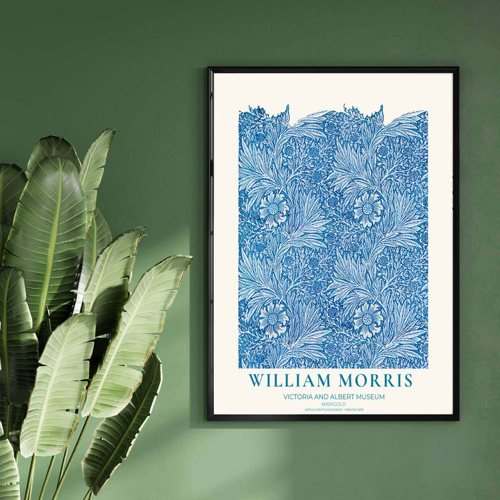 Bright royal blue and cyan foliage in a restored vintage William Morris Marigold exhibition print. MapYourDreams offers custom framed, unframed, and canvas options available for any room decor.