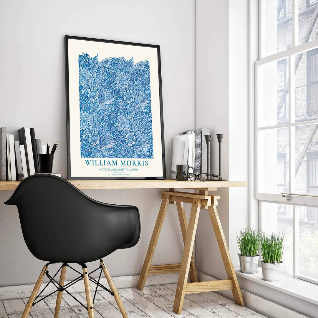 Charming vintage botanical poster illustrating 19th-century William Morris Marigold foliage with museum text. MapYourDreams brings you beautiful framed, unframed, and canvas options available for wall styling.