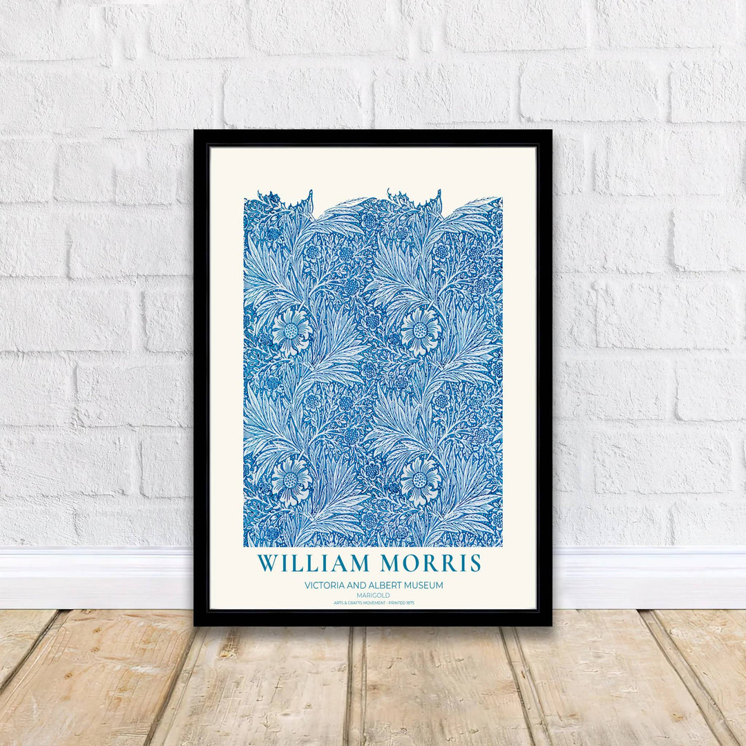 High-contrast botanical pattern artwork by William Morris featuring Marigold floral motifs for gallery walls. Order archival framed, unframed, and canvas options available at MapYourDreams now.