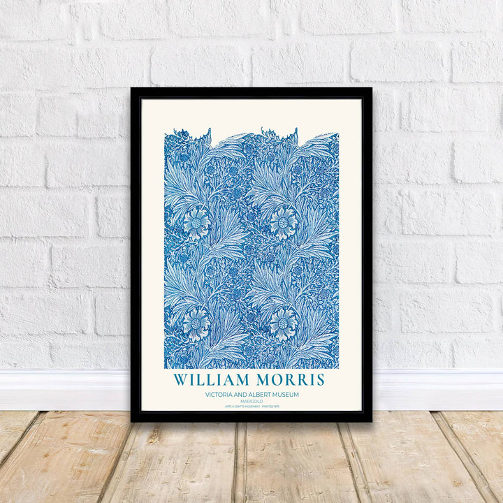 High-contrast botanical pattern artwork by William Morris featuring Marigold floral motifs for gallery walls. Order archival framed, unframed, and canvas options available at MapYourDreams now.