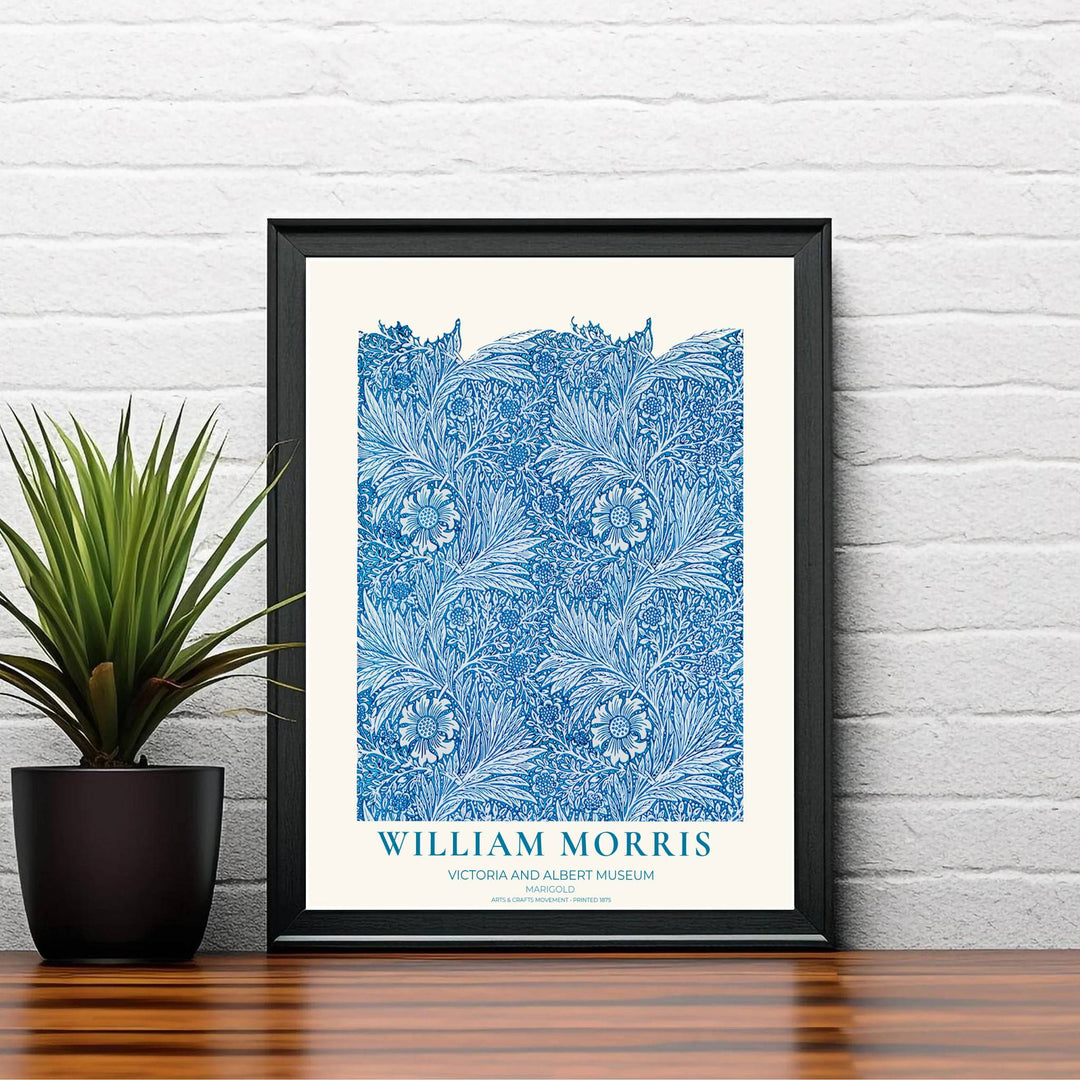 Classic English decorative poster showcasing the 1875 William Morris Marigold design in bright blue and cyan. Browse fine framed, unframed, and canvas options available at MapYourDreams.