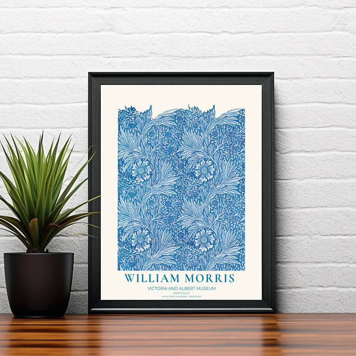 Classic English decorative poster showcasing the 1875 William Morris Marigold design in bright blue and cyan. Browse fine framed, unframed, and canvas options available at MapYourDreams.