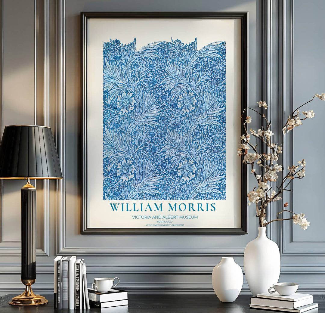 Museum-quality reproduction of the blue William Morris Marigold wallpaper layout, printed on archival matte paper. Find framed, unframed, and canvas options available at MapYourDreams.