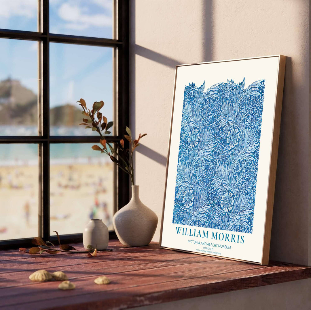 Restored 1875 William Morris exhibition poster combining vibrant blue cyan hues with historic Arts and Crafts art. Shop stunning framed, unframed, and canvas options available at MapYourDreams.